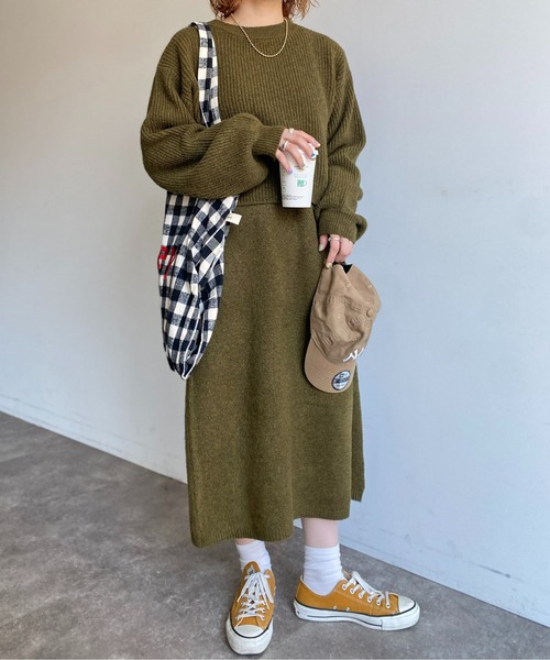 CPCM（シーピーシーエム）の「もちもちニットセットワンピース（ワンピース・レディース・サックスブルー/カーキ/ブラック/アイボリー・FREE）」の4枚目の写真