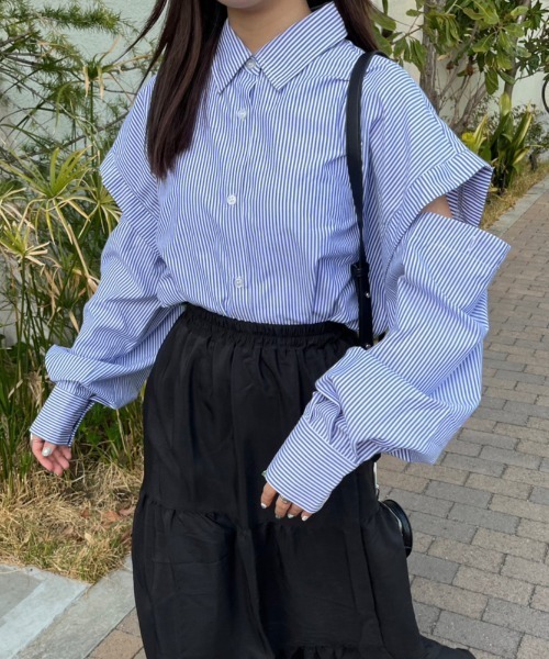 nemne store(ネンネストア)の「【低身長用サイズあり】2way袖開きアソートストライプシャツ(シャツ/ブラウス・レディース・ブルー/アイボリー/ピンク・SMALL/MEDIUM)」の3枚目の写真