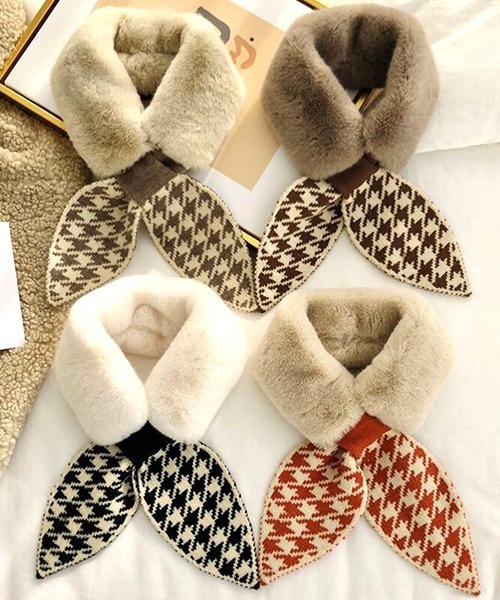 VIBGYOR Women(ヴィブジョー ウィメン)の「【resonance】もこもこ フェイクファー 千鳥格子柄 ティペット マフラー(マフラー・レディース・ホワイト系/ベージュ系/ベージュ系1/ブラウン系・FREE)」の5枚目の写真