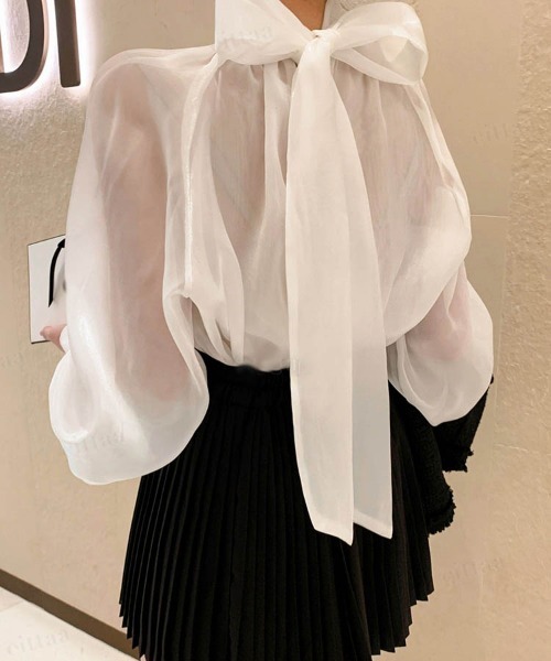 Dalfwin（ダールフィン）の「韓国ファッションバックリボンシアーパフスリーブブラウス（シャツ/ブラウス・レディース・ホワイト/ブラック/ベージュ・FREE）」の9枚目の写真