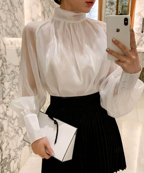 Dalfwin（ダールフィン）の「韓国ファッションバックリボンシアーパフスリーブブラウス（シャツ/ブラウス・レディース・ホワイト/ブラック/ベージュ・FREE）」の7枚目の写真