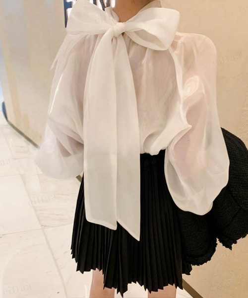 Dalfwin（ダールフィン）の「韓国ファッションバックリボンシアーパフスリーブブラウス（シャツ/ブラウス・レディース・ホワイト/ブラック/ベージュ・FREE）」の8枚目の写真