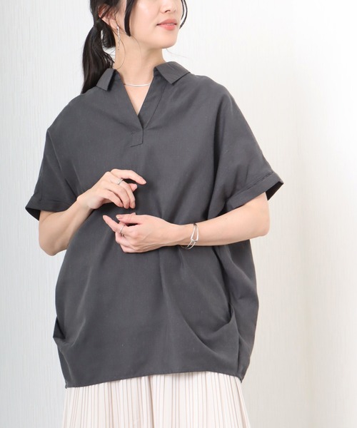 libelle more（リベル モア）の「《吸水速乾・UVカット・抗菌防臭》フレンチリネン　シャツカラー半袖ドルマンブラウス（シャツ/ブラウス・レディース・レモンイエロー/オレンジ/オフホワイト/スミクロ/ブルーグリーン・M/L）」の3枚目の写真