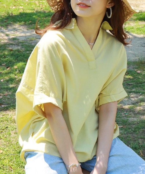 libelle more（リベル モア）の「《吸水速乾・UVカット・抗菌防臭》フレンチリネン　シャツカラー半袖ドルマンブラウス（シャツ/ブラウス・レディース・レモンイエロー/オレンジ/オフホワイト/スミクロ/ブルーグリーン・M/L）」の5枚目の写真