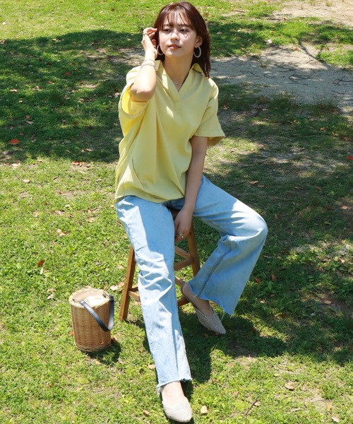 libelle more（リベル モア）の「《吸水速乾・UVカット・抗菌防臭》フレンチリネン　シャツカラー半袖ドルマンブラウス（シャツ/ブラウス・レディース・レモンイエロー/オレンジ/オフホワイト/スミクロ/ブルーグリーン・M/L）」の7枚目の写真