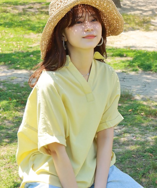 libelle more（リベル モア）の「《吸水速乾・UVカット・抗菌防臭》フレンチリネン　シャツカラー半袖ドルマンブラウス（シャツ/ブラウス・レディース・レモンイエロー/オレンジ/オフホワイト/スミクロ/ブルーグリーン・M/L）」の8枚目の写真