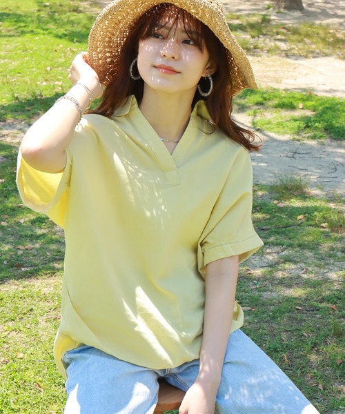 libelle more（リベル モア）の「《吸水速乾・UVカット・抗菌防臭》フレンチリネン　シャツカラー半袖ドルマンブラウス（シャツ/ブラウス・レディース・レモンイエロー/オレンジ/オフホワイト/スミクロ/ブルーグリーン・M/L）」の9枚目の写真