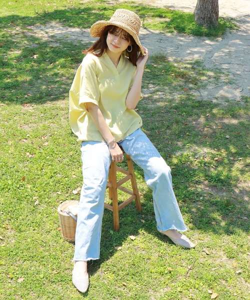 libelle more（リベル モア）の「《吸水速乾・UVカット・抗菌防臭》フレンチリネン　シャツカラー半袖ドルマンブラウス（シャツ/ブラウス・レディース・レモンイエロー/オレンジ/オフホワイト/スミクロ/ブルーグリーン・M/L）」の6枚目の写真