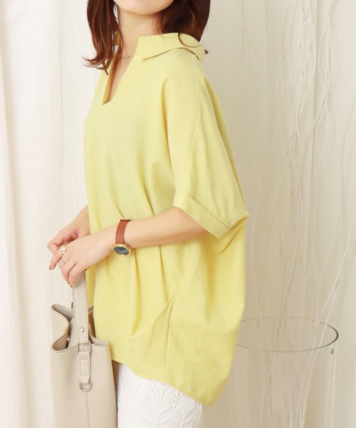 libelle more（リベル モア）の「《吸水速乾・UVカット・抗菌防臭》フレンチリネン　シャツカラー半袖ドルマンブラウス（シャツ/ブラウス・レディース・レモンイエロー/オレンジ/オフホワイト/スミクロ/ブルーグリーン・M/L）」の14枚目の写真