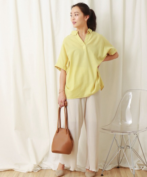 libelle more（リベル モア）の「《吸水速乾・UVカット・抗菌防臭》フレンチリネン　シャツカラー半袖ドルマンブラウス（シャツ/ブラウス・レディース・レモンイエロー/オレンジ/オフホワイト/スミクロ/ブルーグリーン・M/L）」の17枚目の写真