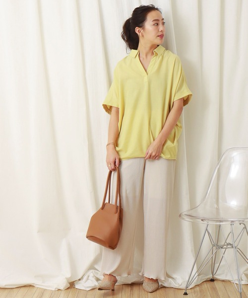 libelle more（リベル モア）の「《吸水速乾・UVカット・抗菌防臭》フレンチリネン　シャツカラー半袖ドルマンブラウス（シャツ/ブラウス・レディース・レモンイエロー/オレンジ/オフホワイト/スミクロ/ブルーグリーン・M/L）」の18枚目の写真