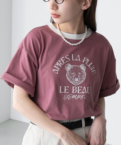 BONLECILL（ボンルシール）の「【JAMMINコラボ】BEARモチーフ リンガー配色プリント半袖Tシャツ（Tシャツ/カットソー・レディース・オフホワイト/ピンク/オートミール/ブルー/ブラック・FREE）」の5枚目の写真