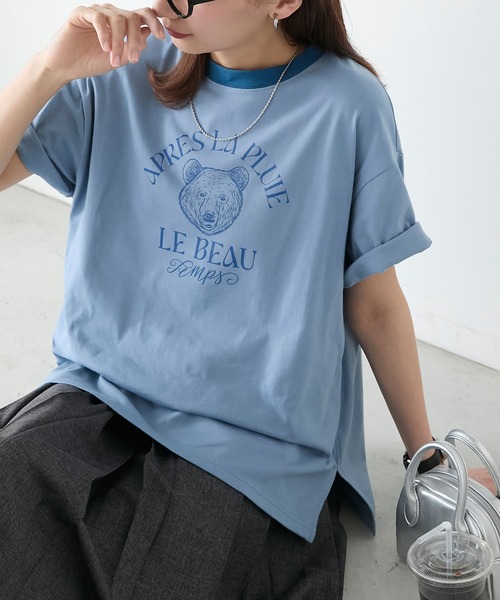 BONLECILL（ボンルシール）の「【JAMMINコラボ】BEARモチーフ リンガー配色プリント半袖Tシャツ（Tシャツ/カットソー・レディース・オフホワイト/ピンク/オートミール/ブルー/ブラック・FREE）」の4枚目の写真