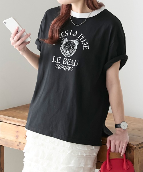 BONLECILL（ボンルシール）の「【JAMMINコラボ】BEARモチーフ リンガー配色プリント半袖Tシャツ（Tシャツ/カットソー・レディース・オフホワイト/ピンク/オートミール/ブルー/ブラック・FREE）」の3枚目の写真