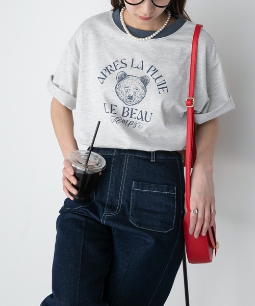 BONLECILL（ボンルシール）の「【JAMMINコラボ】BEARモチーフ リンガー配色プリント半袖Tシャツ（Tシャツ/カットソー・レディース・オフホワイト/ピンク/オートミール/ブルー/ブラック・FREE）」の21枚目の写真