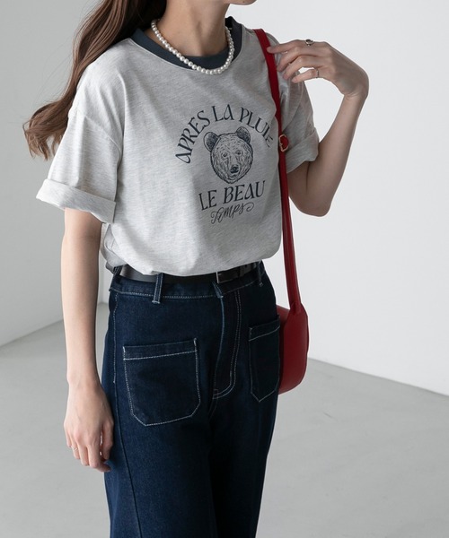 BONLECILL（ボンルシール）の「【JAMMINコラボ】BEARモチーフ リンガー配色プリント半袖Tシャツ（Tシャツ/カットソー・レディース・オフホワイト/ピンク/オートミール/ブルー/ブラック・FREE）」の16枚目の写真