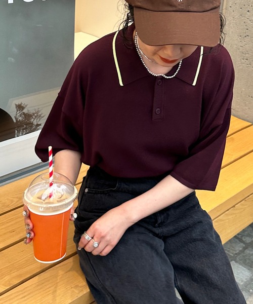 DISCOAT(ディスコート)の「≪WEB限定≫【ユニセックス】ビッグラインニットポロ(ポロシャツ・レディース・ブラック/バーガンディー・FREE)」の10枚目の写真