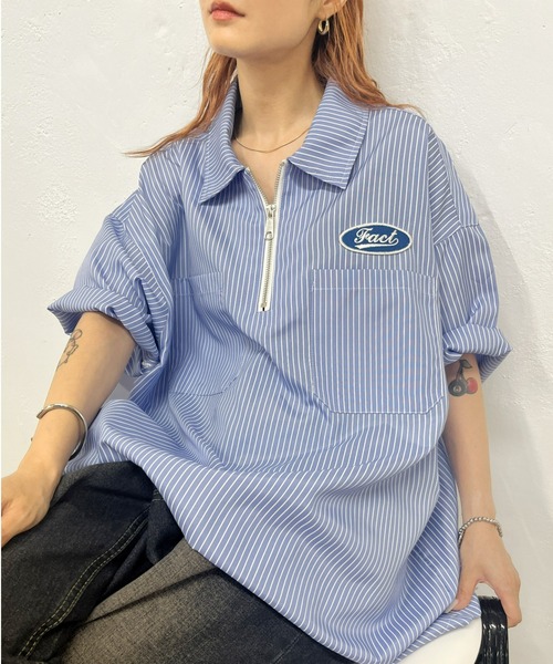 WHO'S WHO gallery（フーズフーギャラリー）の「《WEB限定》COOPER FACTワッペンストライプハーフジップBIGシャツ（シャツ/ブラウス・レディース・サックスブルー/ブルー/ホワイト・FREE）」の3枚目の写真