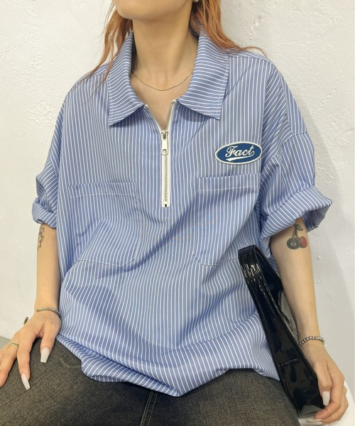 WHO'S WHO gallery（フーズフーギャラリー）の「《WEB限定》COOPER FACTワッペンストライプハーフジップBIGシャツ（シャツ/ブラウス・レディース・サックスブルー/ブルー/ホワイト・FREE）」の13枚目の写真