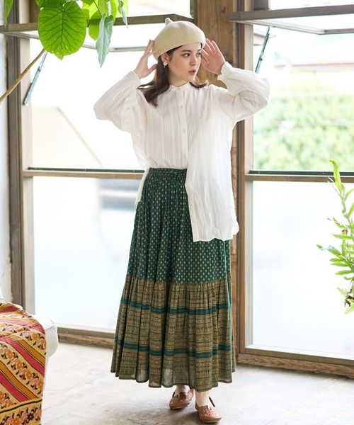 チャイハネ（チャイハネ）の「【チャイハネ】エスニックプリント ティアードロングスカート（スカート・レディース・ベージュ/ブラック/グリーン/オレンジ/ピンク・FREE）」の9枚目の写真