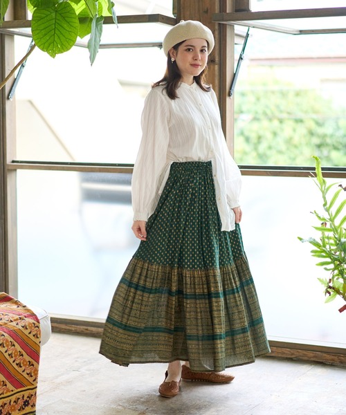 チャイハネ（チャイハネ）の「【チャイハネ】エスニックプリント ティアードロングスカート（スカート・レディース・ベージュ/ブラック/グリーン/オレンジ/ピンク・FREE）」の11枚目の写真