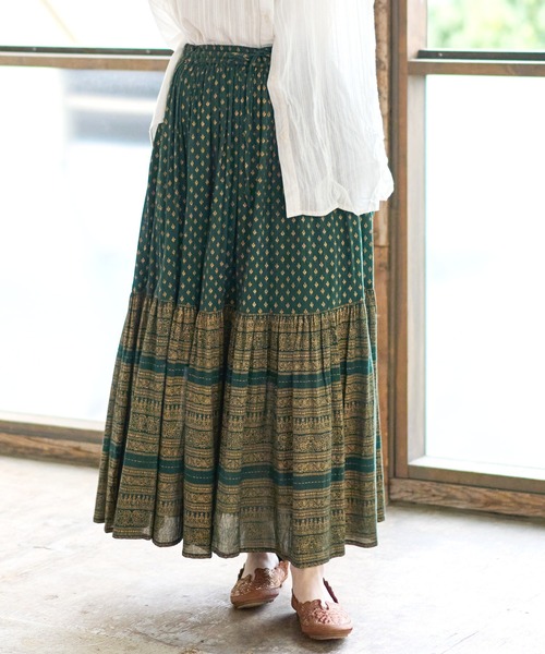 チャイハネ（チャイハネ）の「【チャイハネ】エスニックプリント ティアードロングスカート（スカート・レディース・ベージュ/ブラック/グリーン/オレンジ/ピンク・FREE）」の8枚目の写真