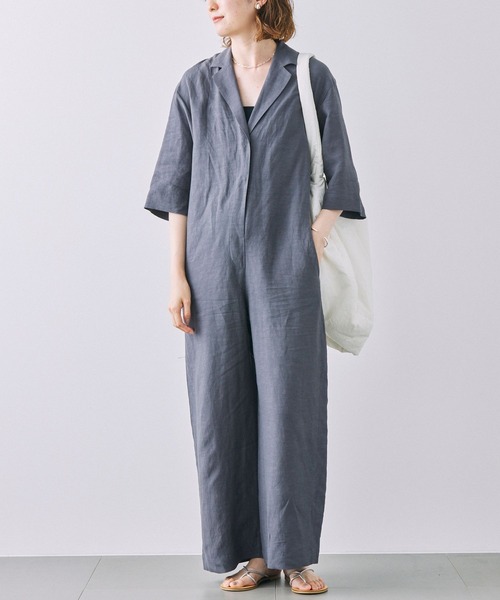 Spick&Span ノーカラー ハーフスリーブ ジャンプスーツ つなぎ 紫 美品】Spick&Span ノーカラー ハーフスリーブ ジャンプスーツ