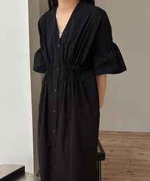 front button gather shirt op / フロントボタンギャザーシャツワンピ