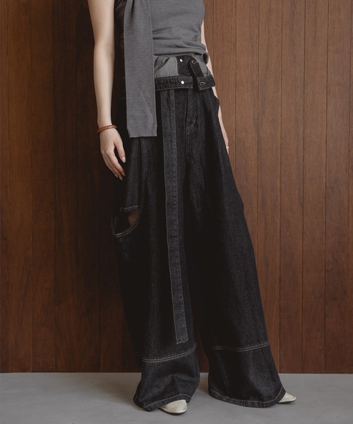 mideal カットアウトデザインワイドデニム black セール】cut out design wide denim / カットアウトデザイン