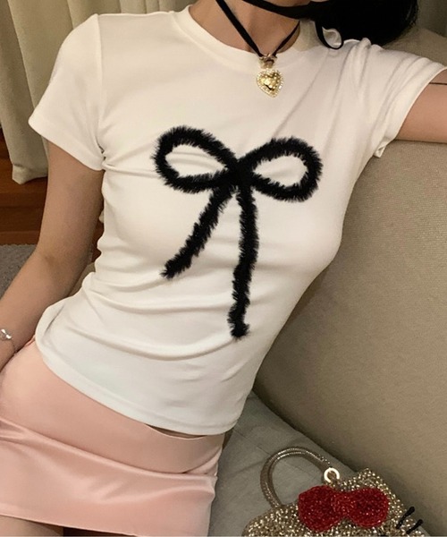 セール】Tシャツ リボンプリント ショート丈 チビTシャツ ピチT