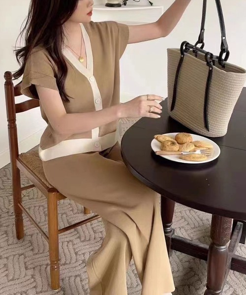 MAISON DE THERESE(メゾン ド テレーズ)の「ニットセットアップ(半袖カーディガン+パンツ2点)(セットアップ・レディース・ブラック/ベージュ/ブルー/ローズ/ブラウン/アイボリー・M)」の1枚目の写真