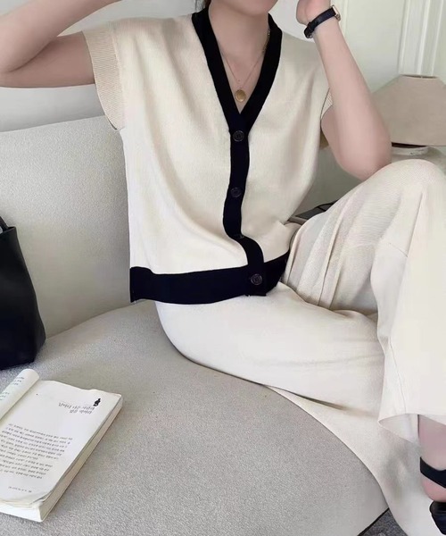MAISON DE THERESE(メゾン ド テレーズ)の「ニットセットアップ(半袖カーディガン+パンツ2点)(セットアップ・レディース・ブラック/ベージュ/ブルー/ローズ/ブラウン/アイボリー・M)」の2枚目の写真