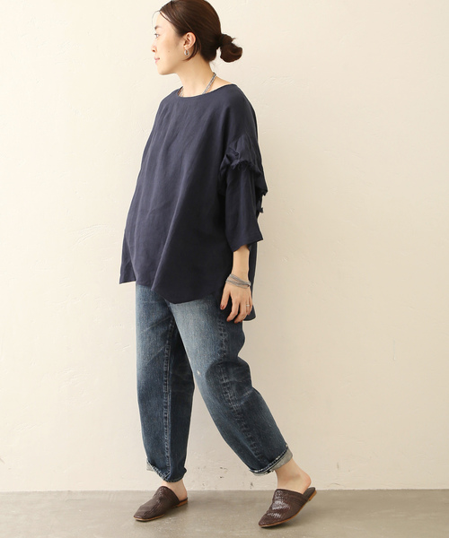 journal standard Luxeブラック フリルバルーンスリーブシャツ ラッフルフリルプルオーバーシャツ（シャツ／ブラウス