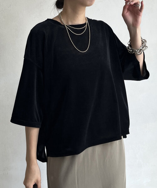 DouDou(ドゥドゥ)の「シアーベロアワイドTEE(Tシャツ/カットソー・レディース・ブラック/アイボリー/グレイッシュベージュ・FREE)」の22枚目の写真