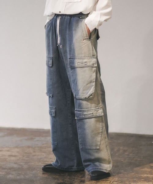 【セール】サイドウォッシュデザインプルオンワイドカーゴデニムパンツ（デニムパンツ）｜Shoowtime（ショウタイム）
