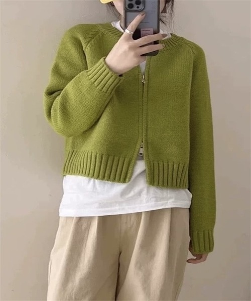 FREE STYLISTS(フリー スタイリスト)の「ダブルジップ ニットカーディガン(カーディガン/ボレロ・レディース・グリーン/ピンク/ボルドー/オレンジ/グレー/ブルー/アイボリー/ブラック・FREE)」の4枚目の写真
