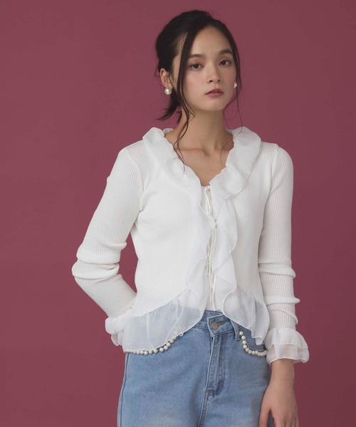 fifth（フィフス）の「シアーフリルリボンカーディガン（カーディガン/ボレロ・レディース・ブラック/ホワイト/ベージュ・M）」の2枚目の写真