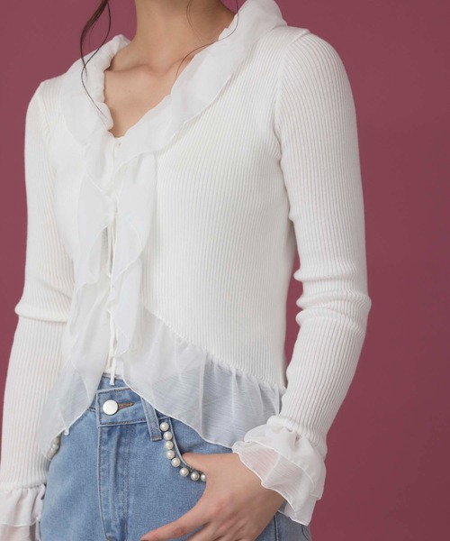 fifth（フィフス）の「シアーフリルリボンカーディガン（カーディガン/ボレロ・レディース・ブラック/ホワイト/ベージュ・M）」の6枚目の写真