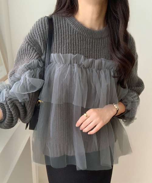 LAUIR(ラウアー)の「チュールドッキングニット(ニット/セーター・レディース・ブラック/アイボリー/チャコール・MEDIUM/LARGE)」の3枚目の写真