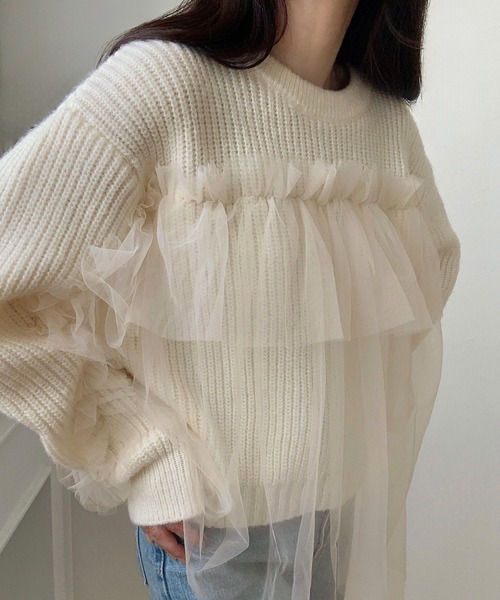LAUIR(ラウアー)の「チュールドッキングニット(ニット/セーター・レディース・ブラック/アイボリー/チャコール・MEDIUM/LARGE)」の4枚目の写真