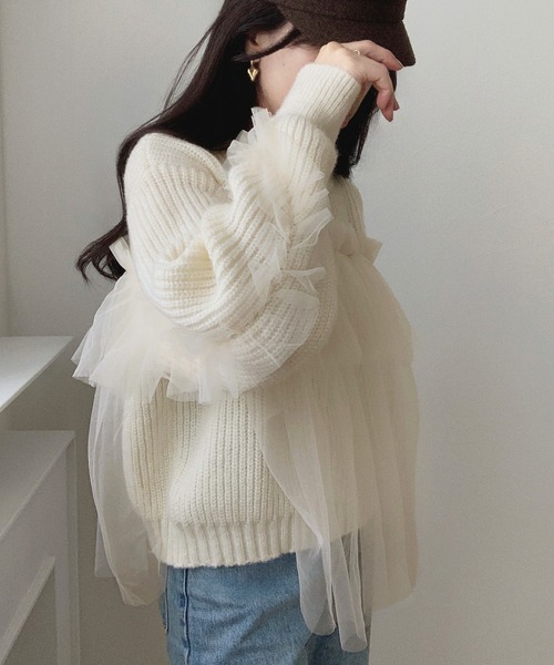 LAUIR(ラウアー)の「チュールドッキングニット(ニット/セーター・レディース・ブラック/アイボリー/チャコール・MEDIUM/LARGE)」の6枚目の写真