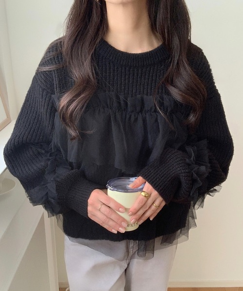 LAUIR(ラウアー)の「チュールドッキングニット(ニット/セーター・レディース・ブラック/アイボリー/チャコール・MEDIUM/LARGE)」の9枚目の写真