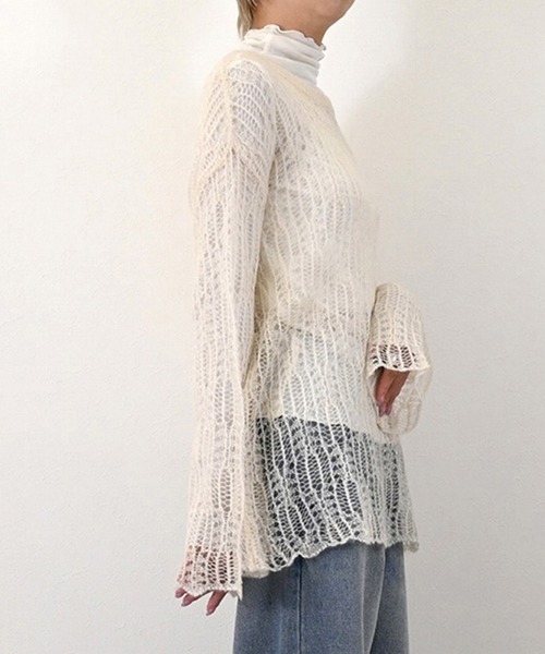 セール】モヘア混ニット透かし編みチュニックプルオーバー