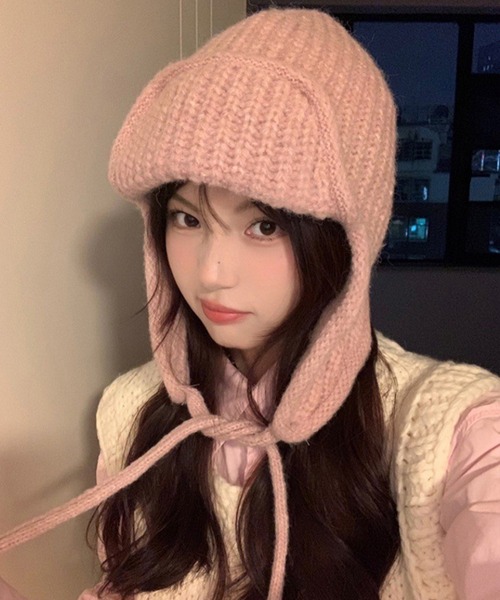 MEMECLE（メメクル）の「【 MEMECLE / メメクル 】耳あて ニット バラクラバ（ニットキャップ/ビーニー・レディース・ピンク/アイボリー/ブラック/ブラウン・FREE）」の4枚目の写真