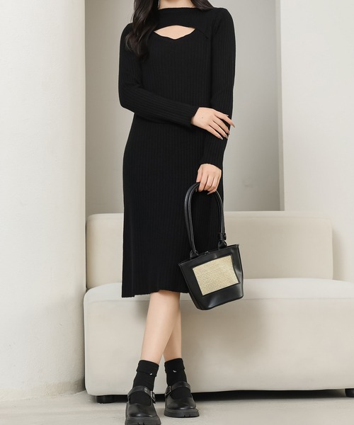 Lace Ladies（レースレディース）の「ソリッドカラー レイヤード風 リブ ニット ワンピース（ワンピース・レディース・ブラック/ホワイト/ベージュ・FREE）」の2枚目の写真