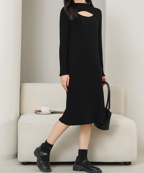Lace Ladies（レースレディース）の「ソリッドカラー レイヤード風 リブ ニット ワンピース（ワンピース・レディース・ブラック/ホワイト/ベージュ・FREE）」の4枚目の写真