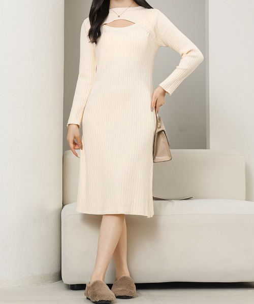 Lace Ladies（レースレディース）の「ソリッドカラー レイヤード風 リブ ニット ワンピース（ワンピース・レディース・ブラック/ホワイト/ベージュ・FREE）」の9枚目の写真