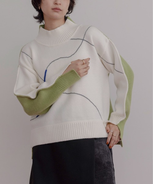 Eimee Law（エイミーロウ）の「ラインデザイン配色ニット（ニット/セーター・レディース・ブラック/アイボリー/ピンク/オフホワイト/チャコールグレー・FREE）」の2枚目の写真