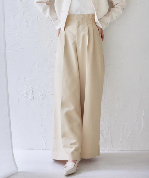 BLENHEIM センタープレス ウエストリボン ワイドパンツ S セール】【mily bilet】大人ガーリーボトム。ウエスト折り返し