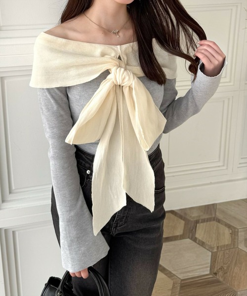 clear（クリア）の「オフショルニットリボントップス[スタイルアップ 大人フェミニン]≪再入荷≫（ニット/セーター・レディース・ブラック/グレー/ピンク/ミント・F）」の3枚目の写真